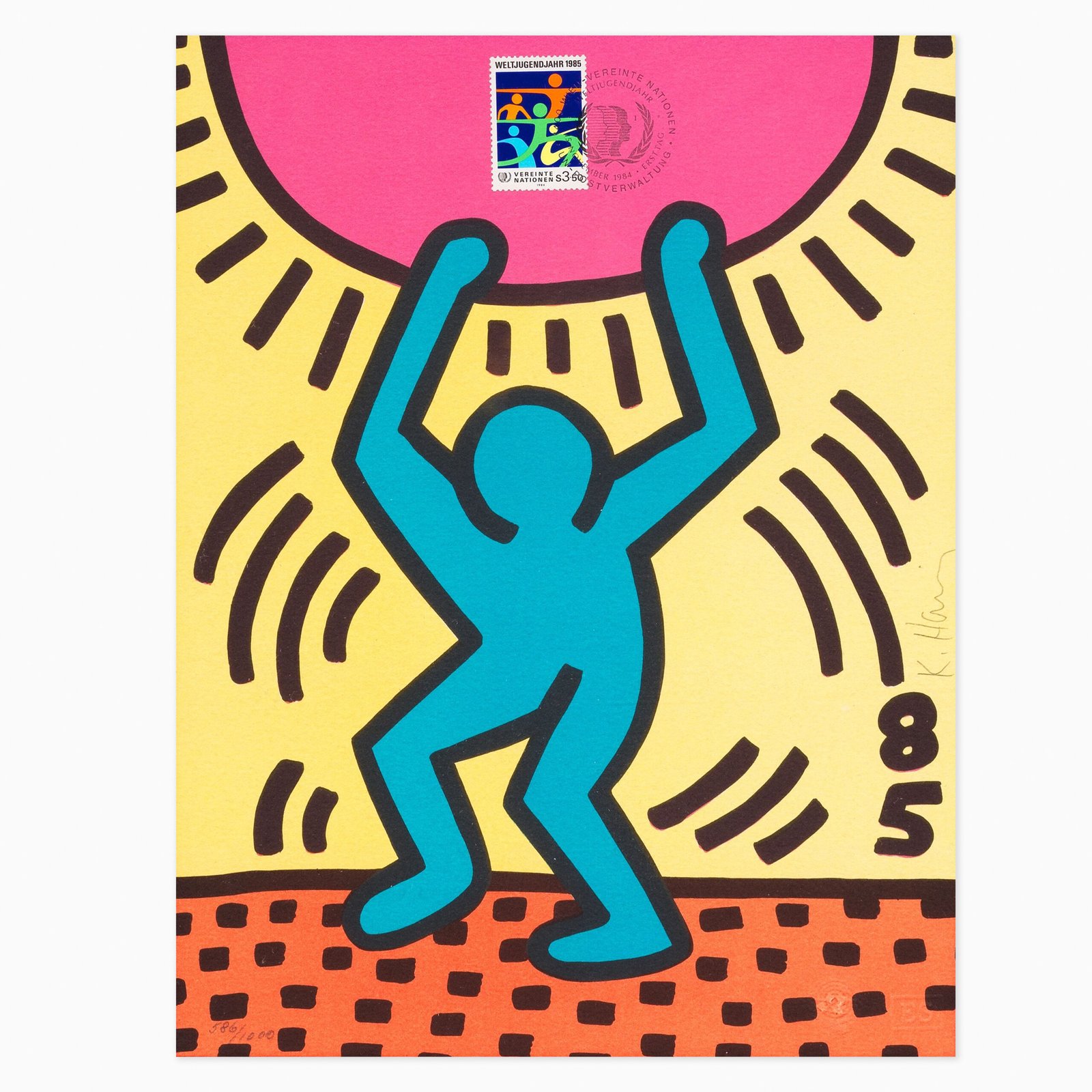 Limited edition Keith Haring artwork ‘International Youth Year’ featuring his iconic bold lines, dancing figures, and vibrant energy