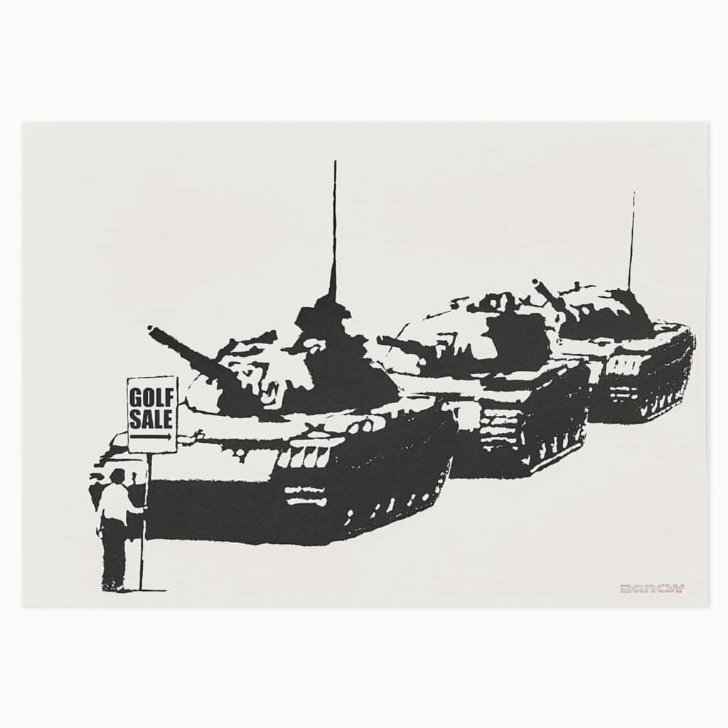 Banksy limited edition print titled ‘Golf Sale’ depicting a line of tanks with contrasting social commentary in monochrome stencil technique