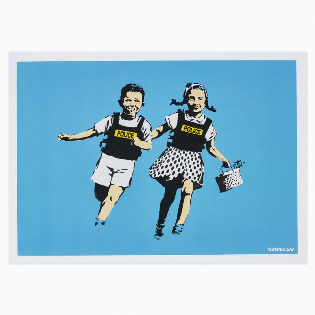 Limited edition Banksy artwork ‘Jack & Jill’ featuring stencil-style children running while wearing protective gear in his signature street-art style