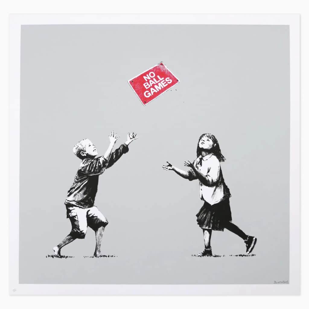 Limited edition Banksy artwork ‘No Ball Games (Grey)’ featuring stencil-style children playing with a ‘No Ball Games’ sign in his signature street-art style