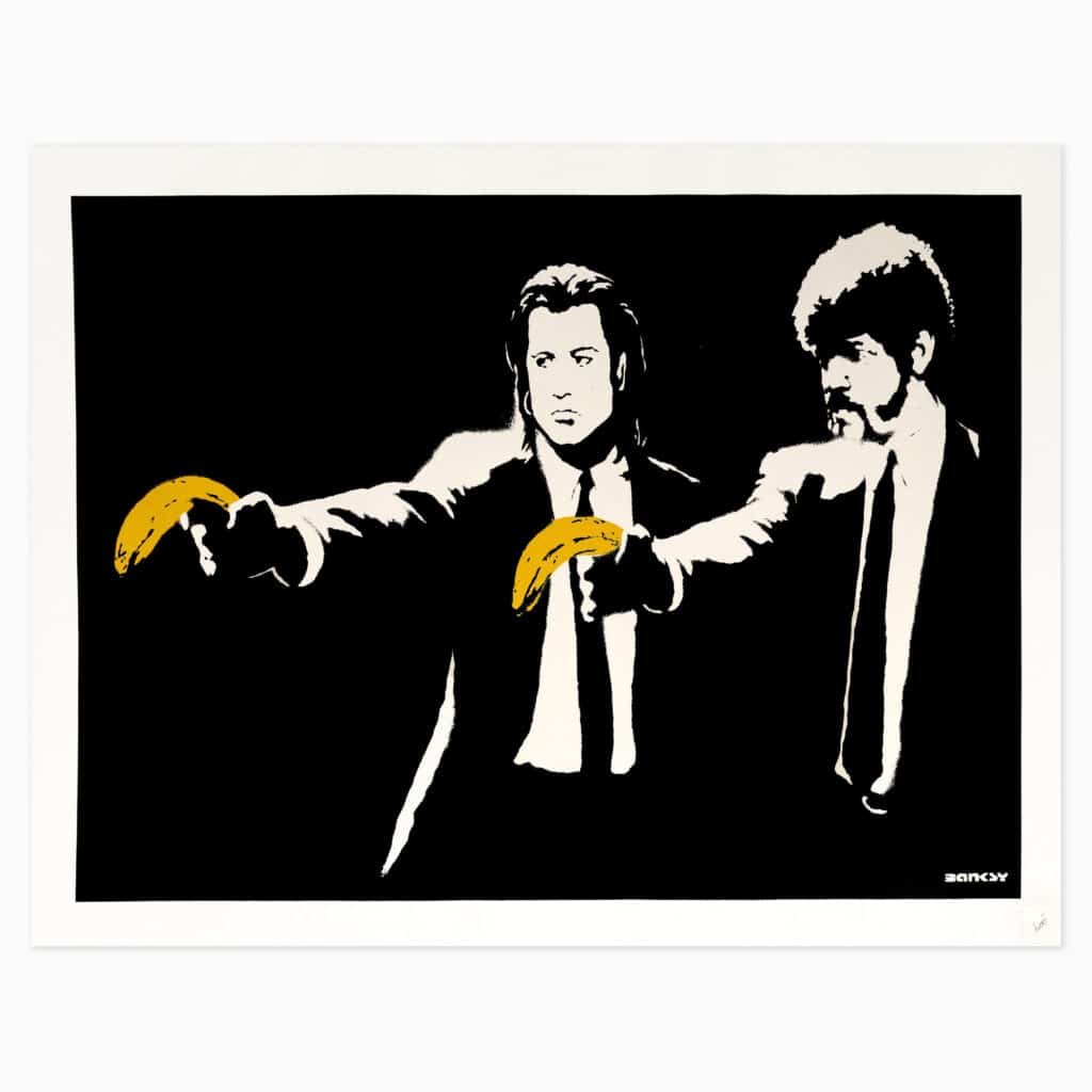 Limited edition Banksy artwork ‘Pulp Fiction’ featuring stencil-style figures holding bananas instead of guns in his signature street-art style