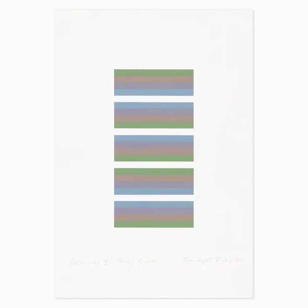 Bridget Riley limited edition print titled ‘Intervals 3 (Blue/Green)', 2021, showcasing geometric forms and dynamic visual movement in her Op Art style