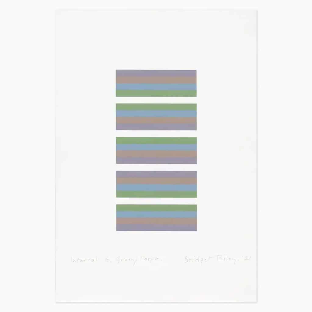 Bridget Riley limited edition print titled ‘Intervals 3 (Green/Purple)', 2021, showcasing geometric forms and dynamic visual movement in her Op Art style