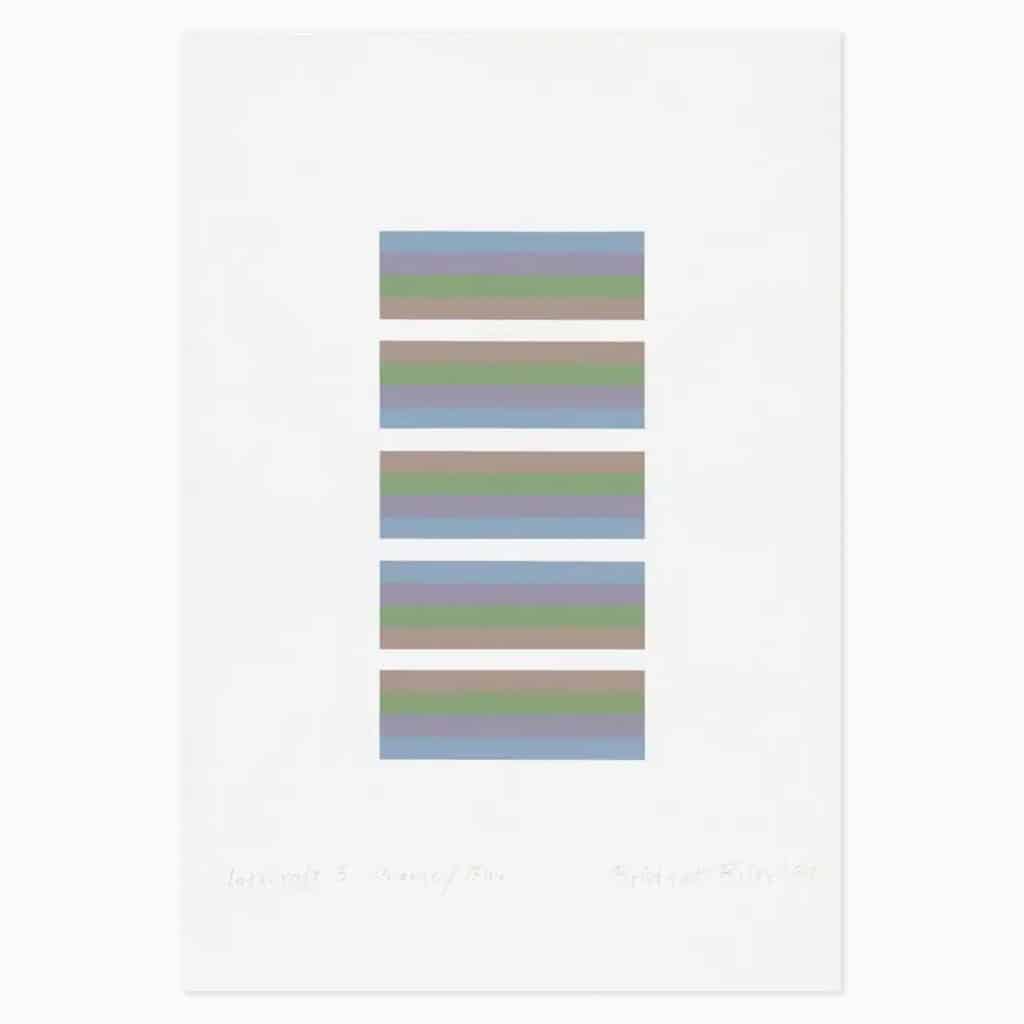 Bridget Riley limited edition print titled ‘Intervals 3 (Orange/Blue)’, 2021, showcasing geometric forms and dynamic visual movement in her Op Art style