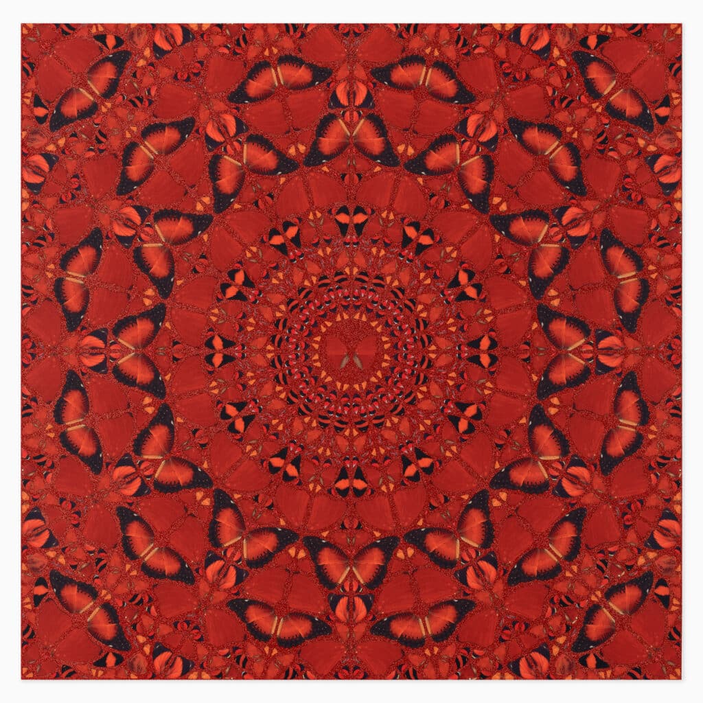 Limited edition Damien Hirst artwork 'Suiko, The Empresses’, 2022, featuring intricate butterfly wing patterns arranged in symmetrical, vibrant composition.