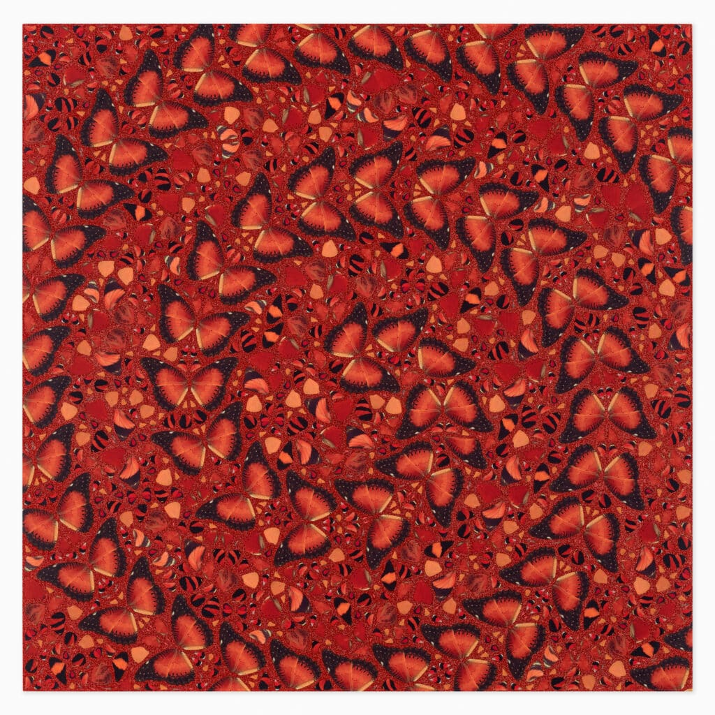 Limited edition Damien Hirst artwork 'Taytu Betul, The Empresses’, 2022, featuring intricate butterfly wing patterns arranged in symmetrical, vibrant composition.