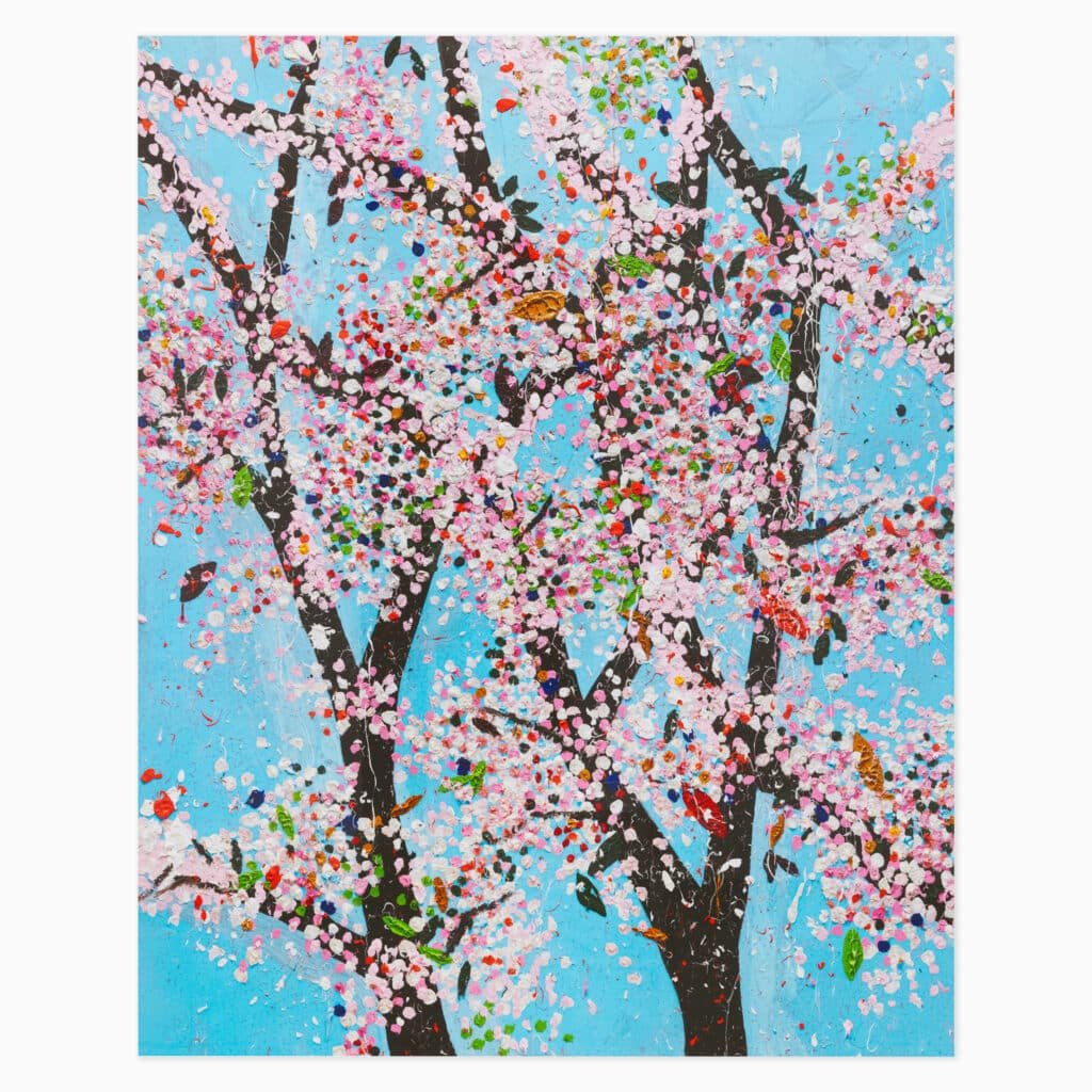 Limited edition Damien Hirst artwork ‘Honour’ from the Virtues featuring abstract cherry blossoms and vibrant, dynamic colour composition.