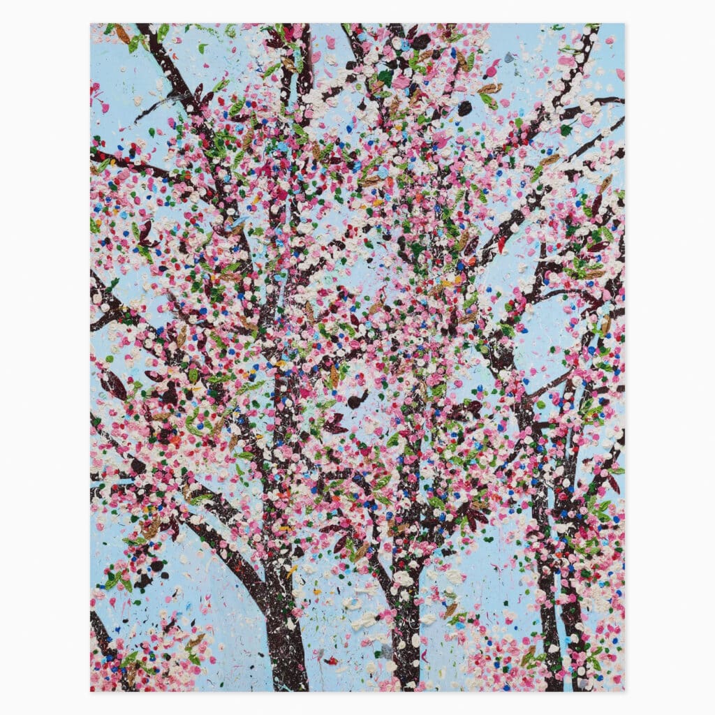 Limited edition Damien Hirst artwork ‘Control’ from the Virtues featuring abstract cherry blossoms and vibrant, dynamic colour composition.