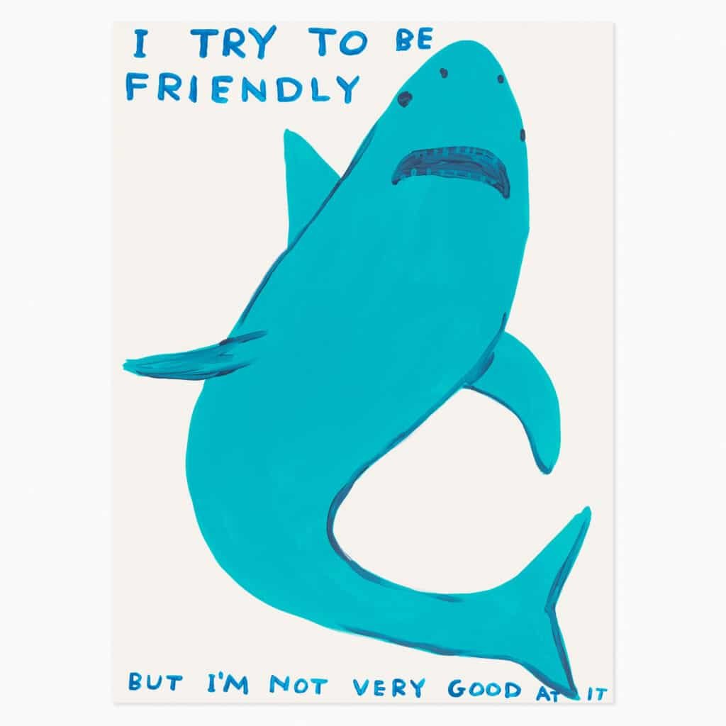 Limited edition David Shrigley artwork ‘I Try To Be Friendly’ featuring his signature humourus imagery