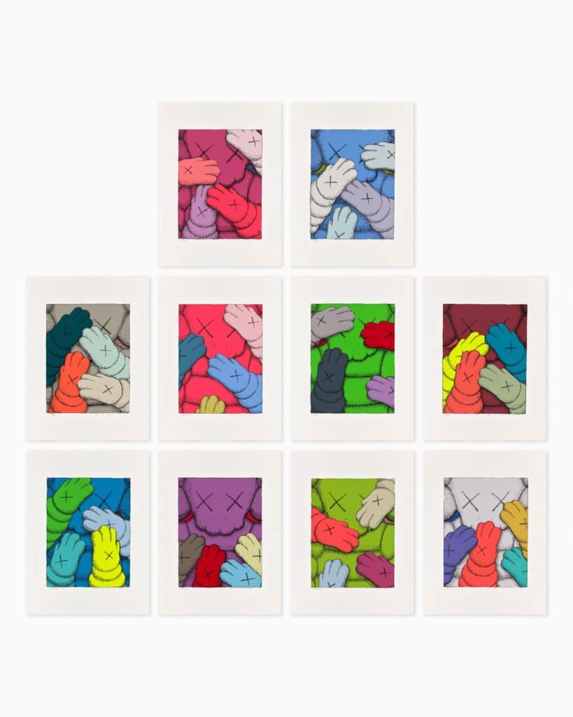 Limited edition KAWS artwork ‘Urge (Complete Portfolio)’, 2020, featuring his signature cartoon-like figures rendered in bold, graphic style