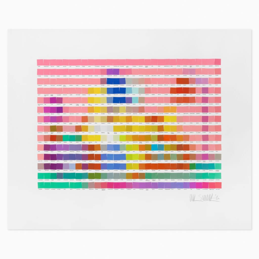 Nick Smith limited edition print titled ‘Simpson Couch’ showcasing pixelated colour swatches forming an iconic pop-culture living room scene