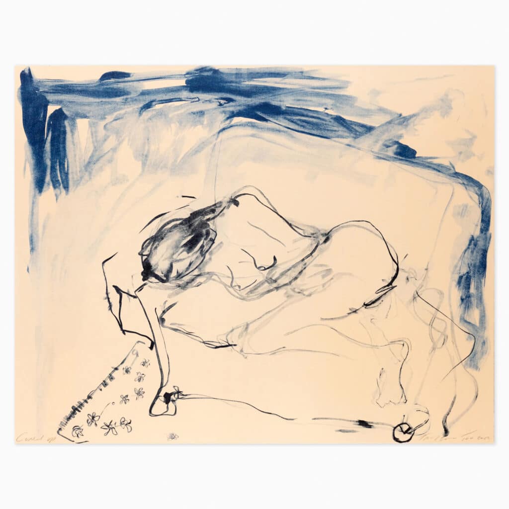 Limited edition Tracey Emin artwork ‘Curled Up’ featuring an intimate figurative drawing in her expressive, minimalist style