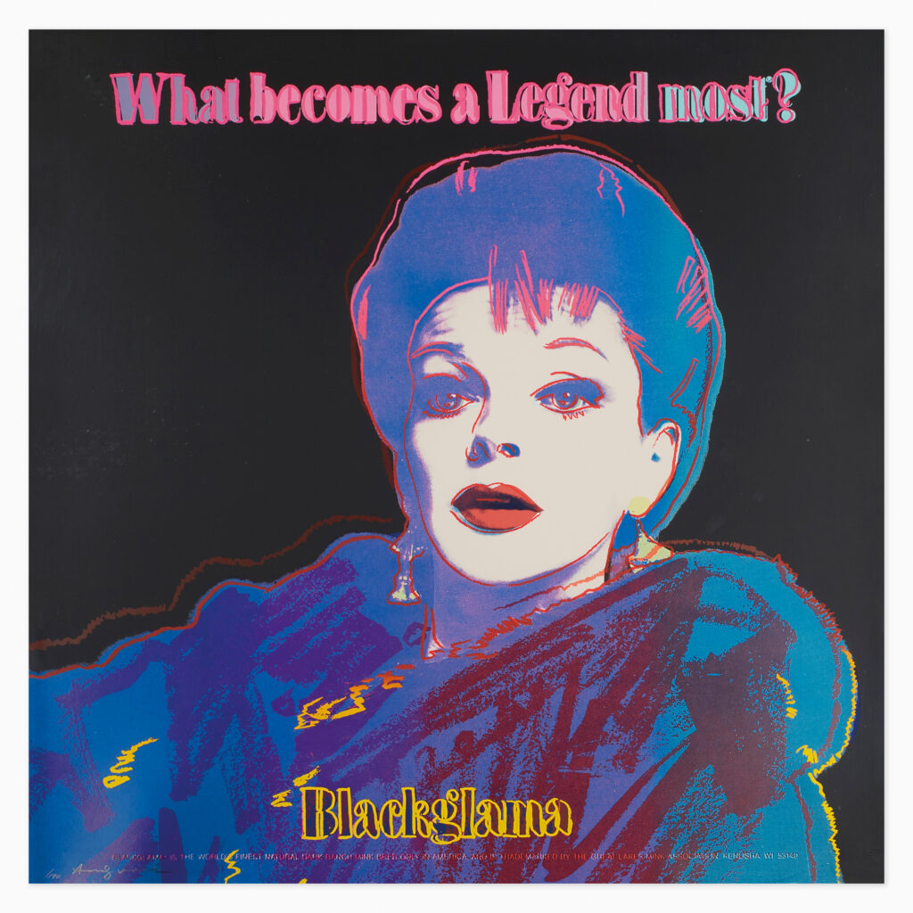 “Blackglama (FS.II.351)” (1985) artwork by Andy Warhol featuring a stylized portrait of a Judy Garland, reflecting his iconic pop art portraiture of commercial figures.