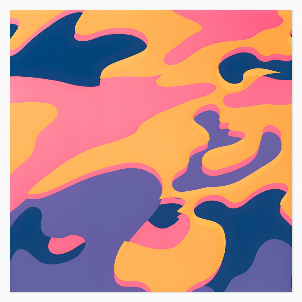 “Camouflage (FS.II.410)” (1987) artwork by Andy Warhol featuring a repeated, brightly coloured camouflage pattern in his signature pop art screen-print style.