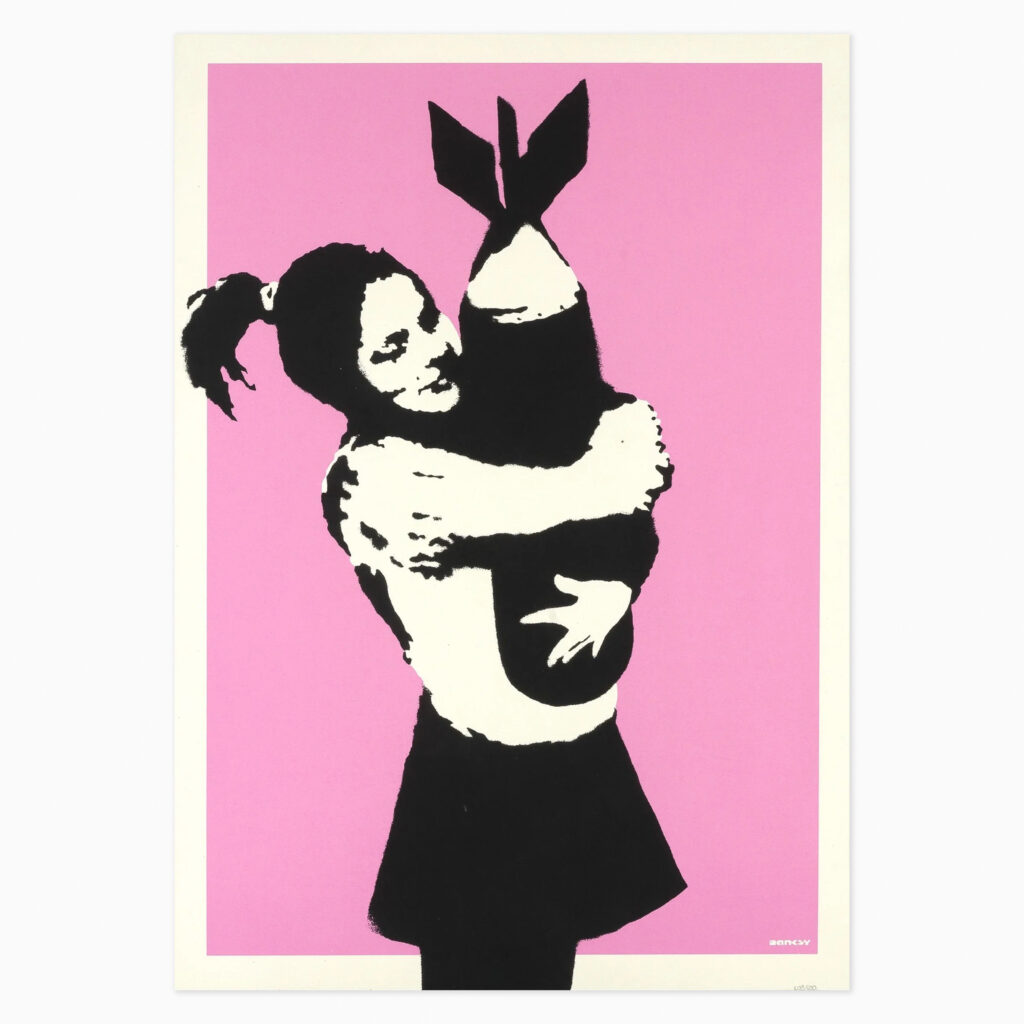 Bomb Hugger by Banksy, a black-and-white stencil image of a young girl clutching a large bomb with a bright pink background