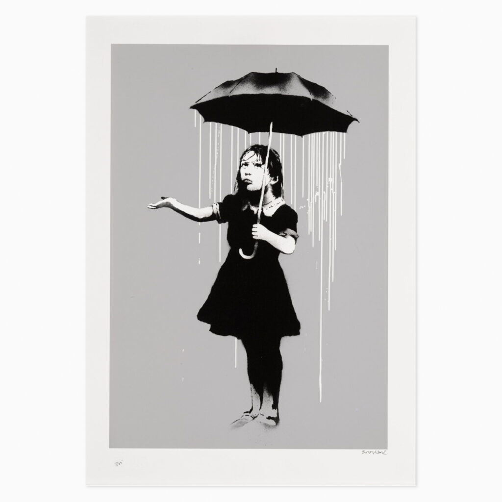 NOLA (White Rain) by Banksy a black-and-white stencil mural of a young girl standing in the rain holding an umbrella, unaware that the rain is falling only on her from above.