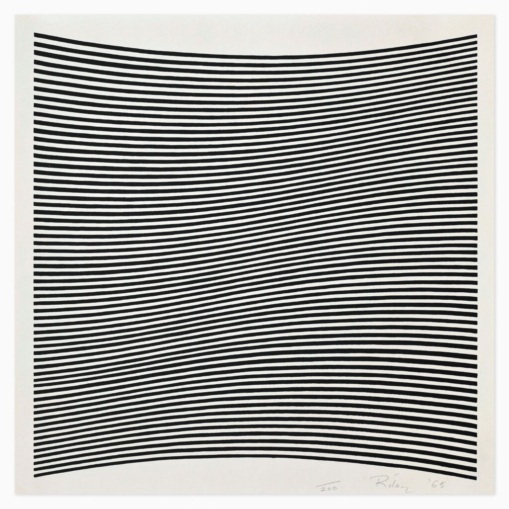 “Untitled (La Lune en Rodage – Carlo Belloli)” (1965) artwork by Bridget Riley featuring optical geometric patterns with dynamic black-and-white curves, creating a sense of movement and visual vibration.