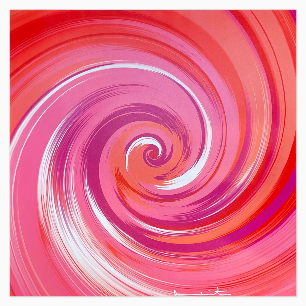 “Beautiful, Influential, Still Slumbering Whirlwind” (2023) spin painting by Damien Hirst featuring dynamic, swirling colours in his signature abstract, vibrant style.