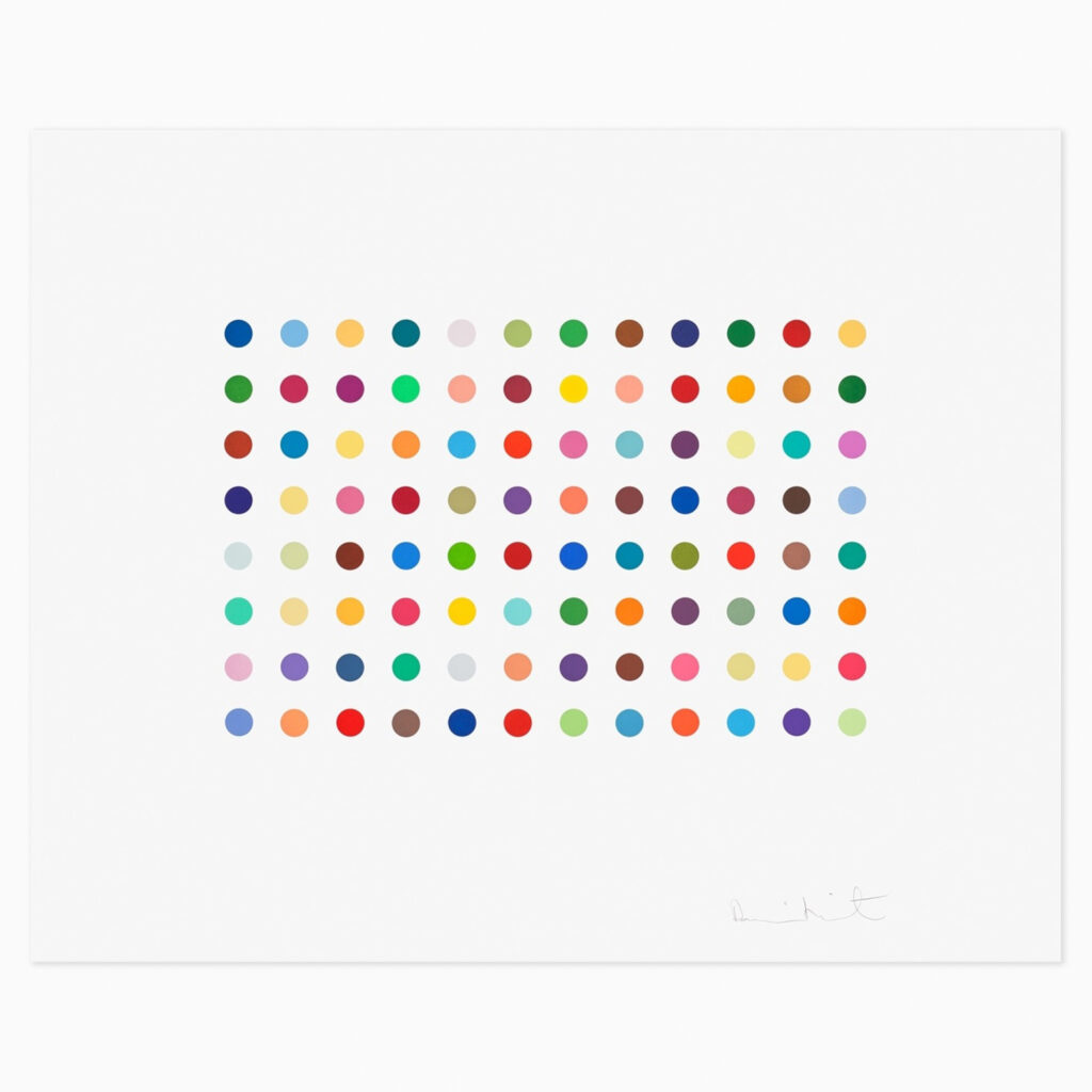 “Bromphenol Blue” (2005) artwork by Damien Hirst featuring a grid of evenly spaced colored dots in his signature pharmaceutical spot painting style.