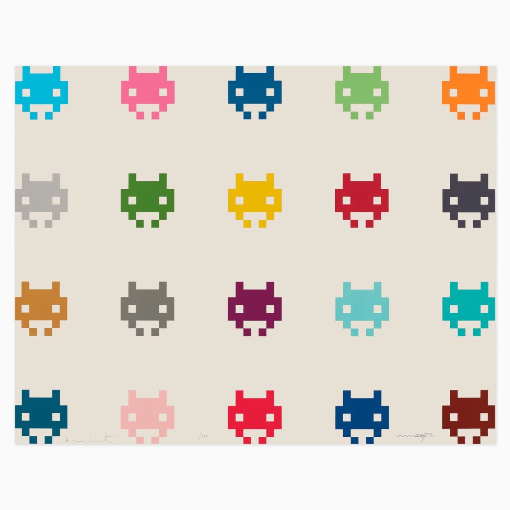 Limited edition Invader print ‘InvadHirst’ (2025), combining Rubik’s cube–style pixel imagery with a visual reference to Damien Hirst’s iconic spot paintings.