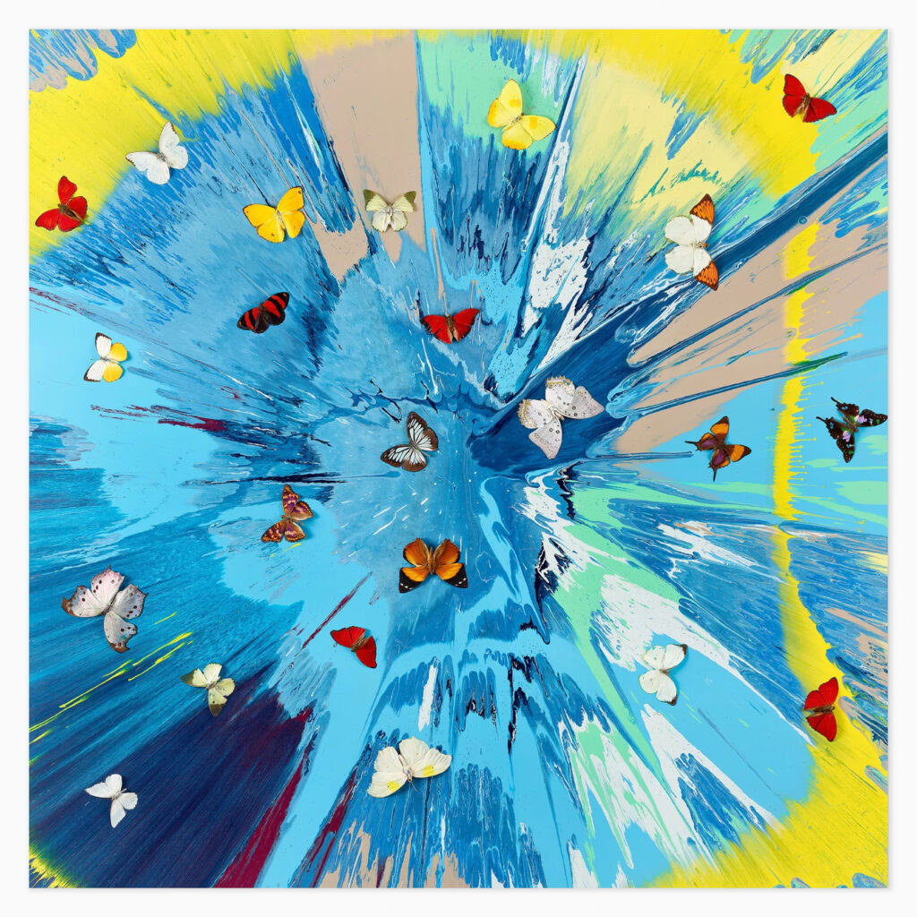 Luna Chrysalis (H19-3)’ (2025) limited edition artwork by Damien Hirst featuring a vibrant symmetrical butterfly design characteristic of his kaleidoscope works.