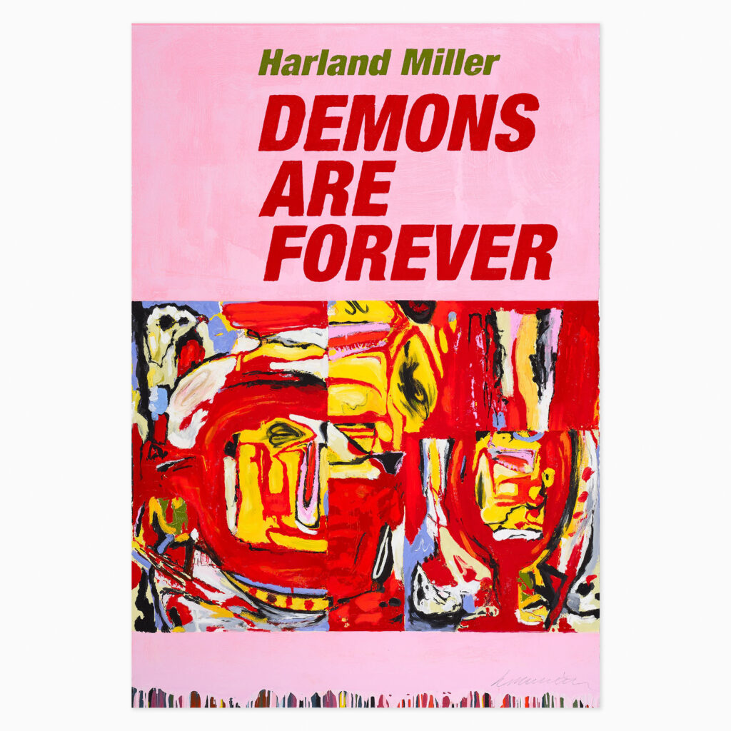 “Demons Are Forever” (2024) artwork by Harland Miller featuring bold, text-driven imagery with pop culture references and ironic, narrative undertones.