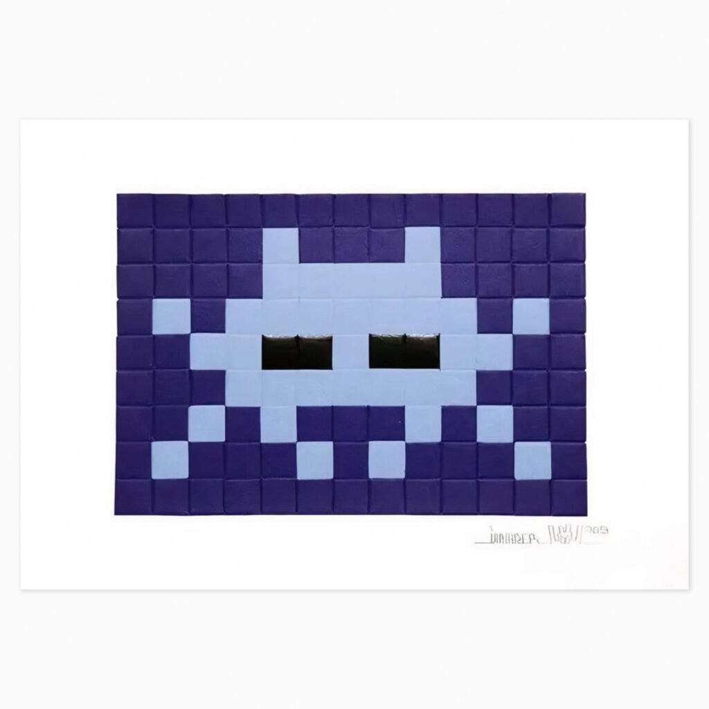 Invasion Blue by Invader, a pixelated mosaic artwork composed of small square tiles in shades of blue, depicting a Space Invader character