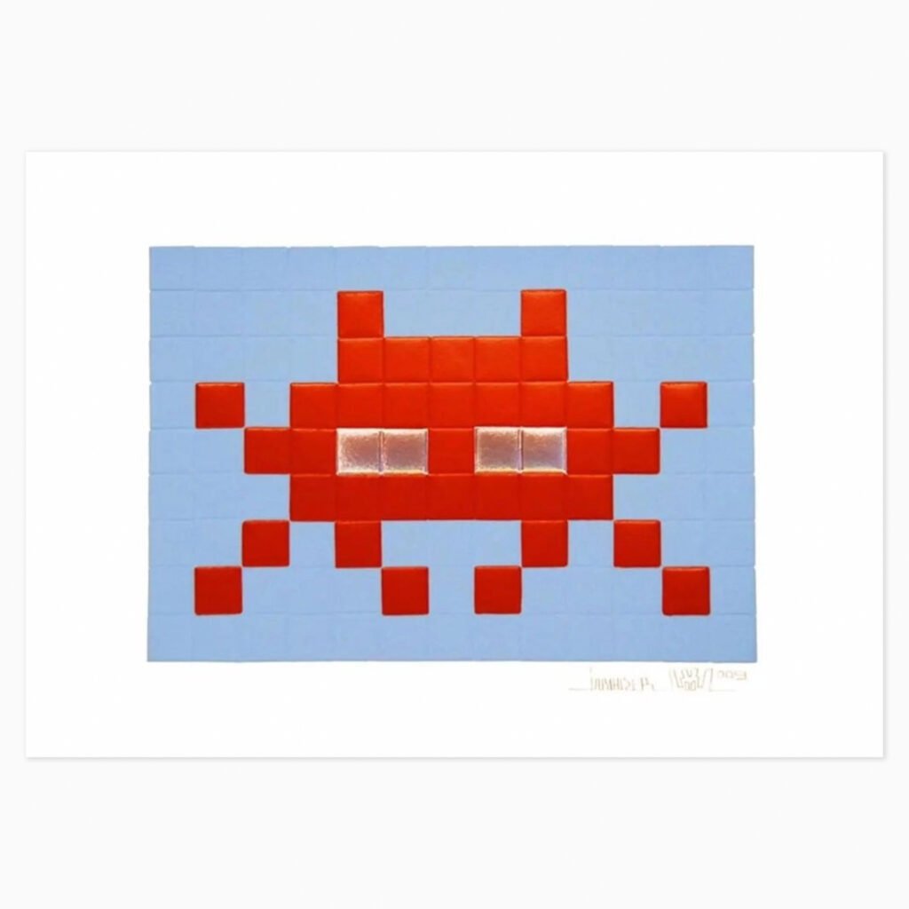 Invasion Red by Invader, a pixelated mosaic artwork composed of small square tiles in shades of blue and red, depicting a Space Invader character
