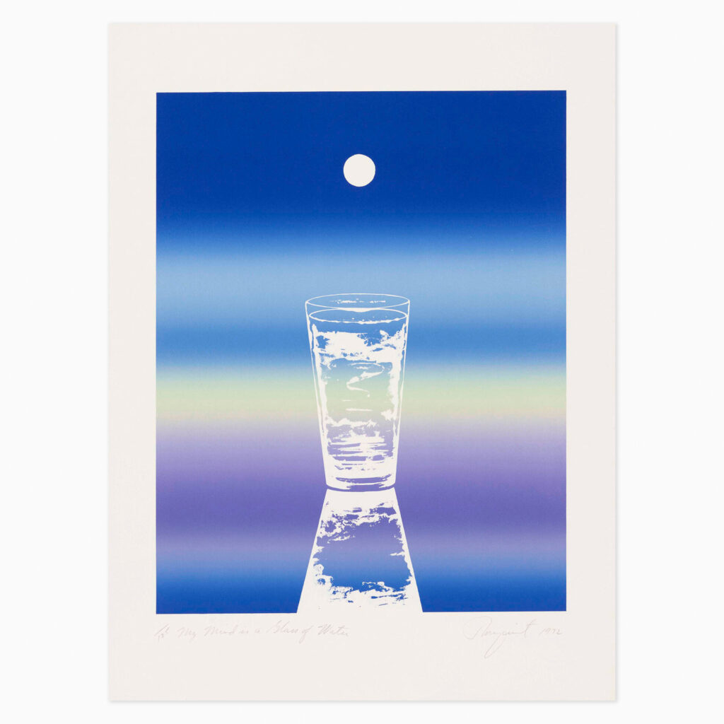 “My Mind Is a Glass of Water (Printers Proof)” (1972) artwork by James Rosenquist featuring surreal, fragmented imagery blending everyday objects in a dynamic, pop art composition.