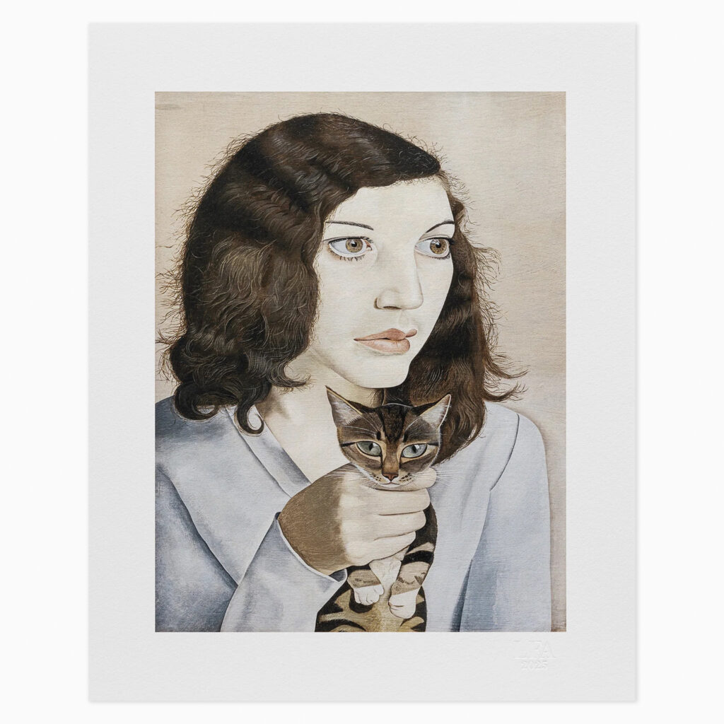 Girl with a Kitten by Lucian Freud, a finely detailed print of a young girl seated and holding a small kitten, rendered with precise, smooth brushwork and muted tones