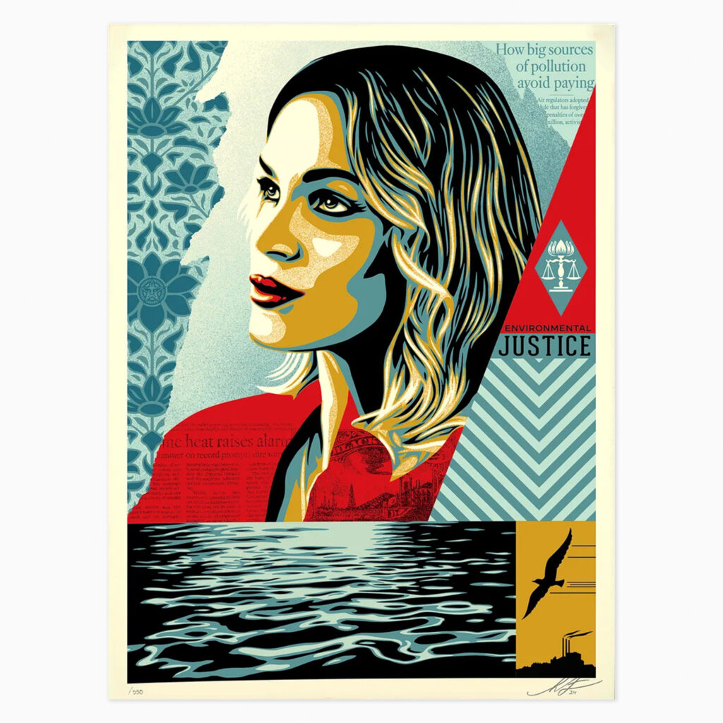 “Environmental Justice” (2024) artwork by Shepard Fairey featuring bold graphic imagery and typography advocating for climate and social justice.