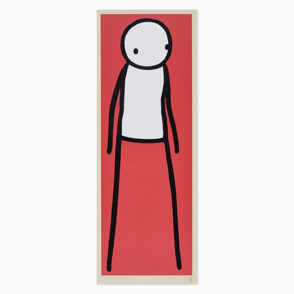 Walk (Red) by Stik, a minimalist figure rendered in bold red lines, shown mid-stride with elongated limbs and a simple circular head