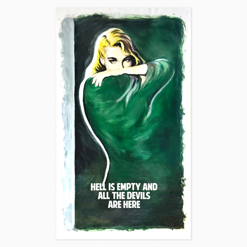 Hell Is Empty (2020) by The Connor Brothers, a retro pulp-fiction-style image featuring a dramatically posed figure on a green background, overlaid with bold text