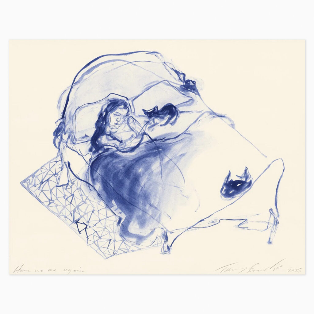 Here We Are Again by Tracey Emin, an expressive drawing featuring loose, gestural lines forming a minimal figurative composition, accompanied by handwritten text in Emin’s distinctive style