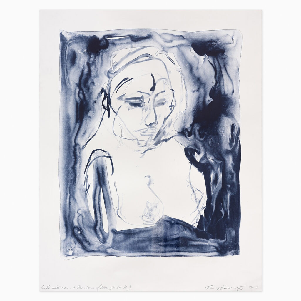 Life Will Never Be the Same (Nor Should It) (2022) by Tracey Emin, a lithograph drawing featuring loose, expressive line work to create an intimate figurative sketch