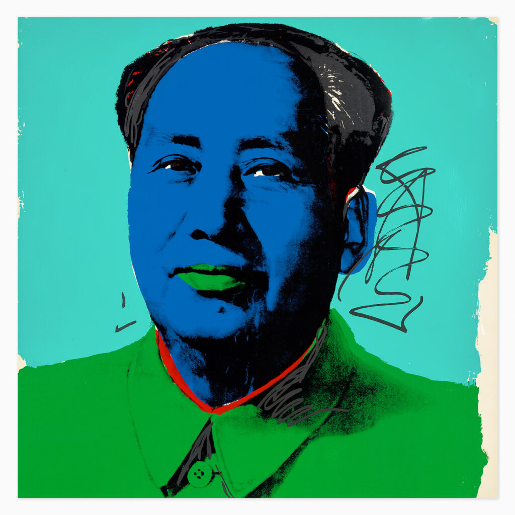 Mao (F. & S. 99) (1972) by Andy Warhol, a silkscreen portrait of Mao Zedong rendered in Warhol’s signature pop art style, featuring blue and green contrasting shades, expressive overpainting, and a repeated, graphic image that emphasises both political iconography and mass media aesthetics.