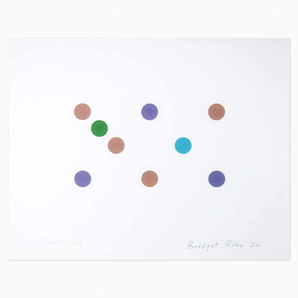 Geometric op art print featuring rhythmic patterns of curved shapes in Bridget Riley's signature colourful style, creating an illusion of movement and depth.