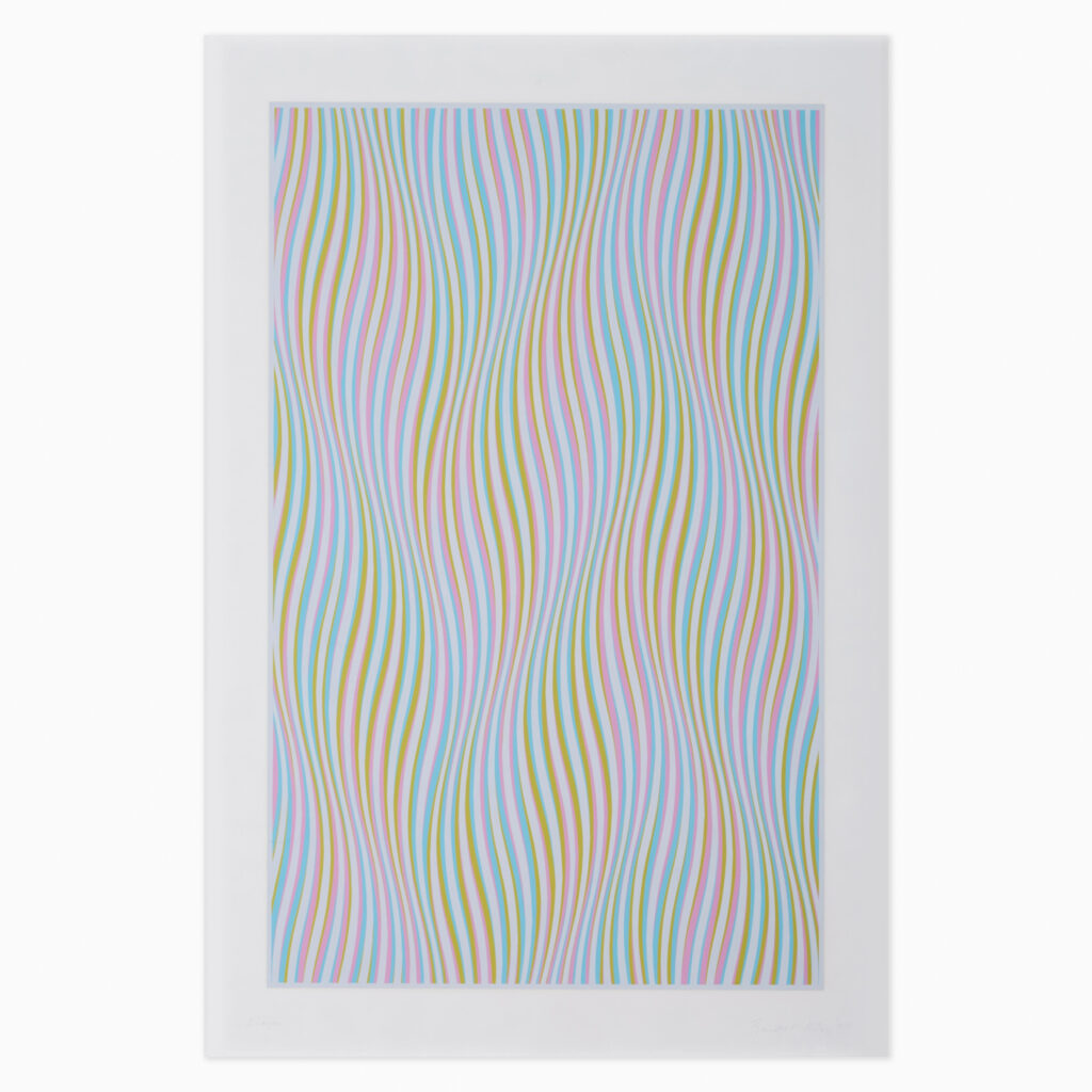 Op art print of diagonal stripes in repeating warm and cool colours, creating a shimmering sense of movement and rhythm