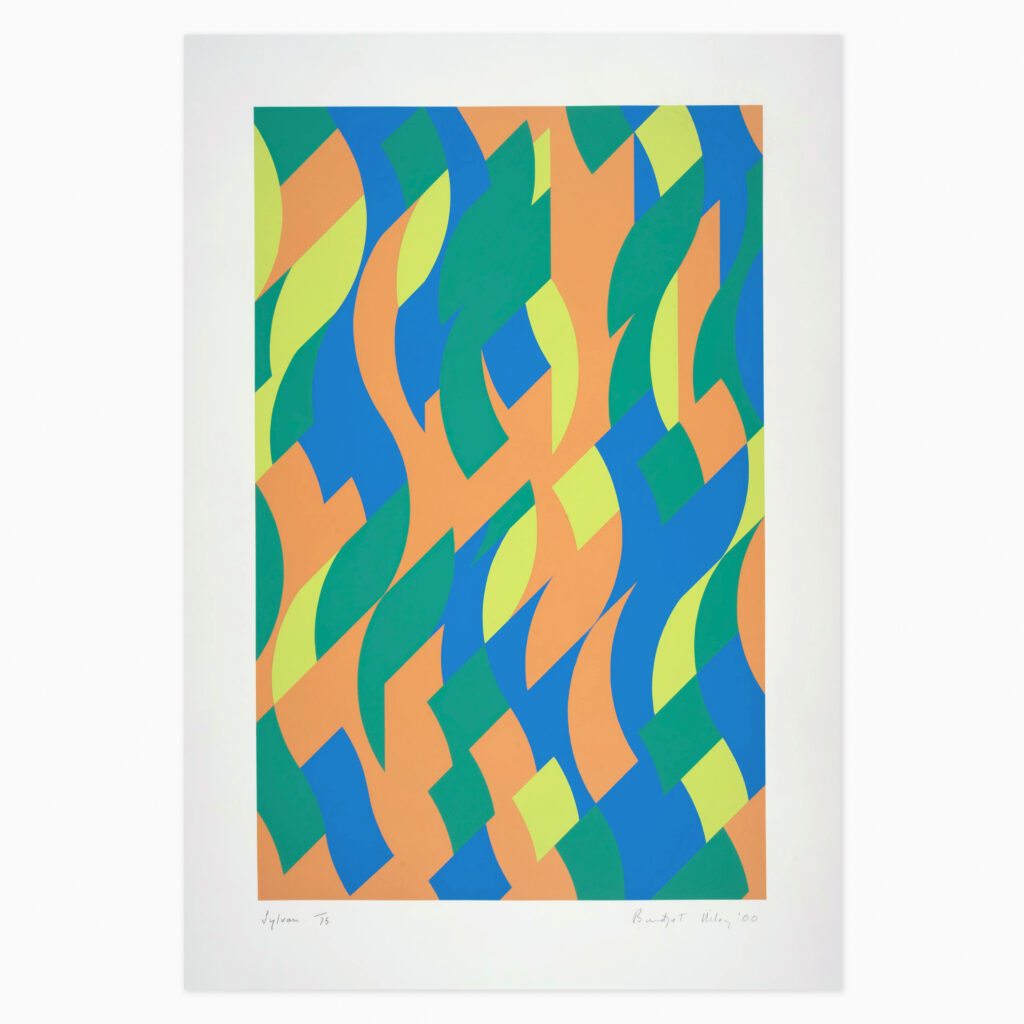 Sylvan (2000) by Bridget Riley, an abstract composition of vertical, undulating bands in shades of green and related hues, creating a rhythmic, wave-like pattern