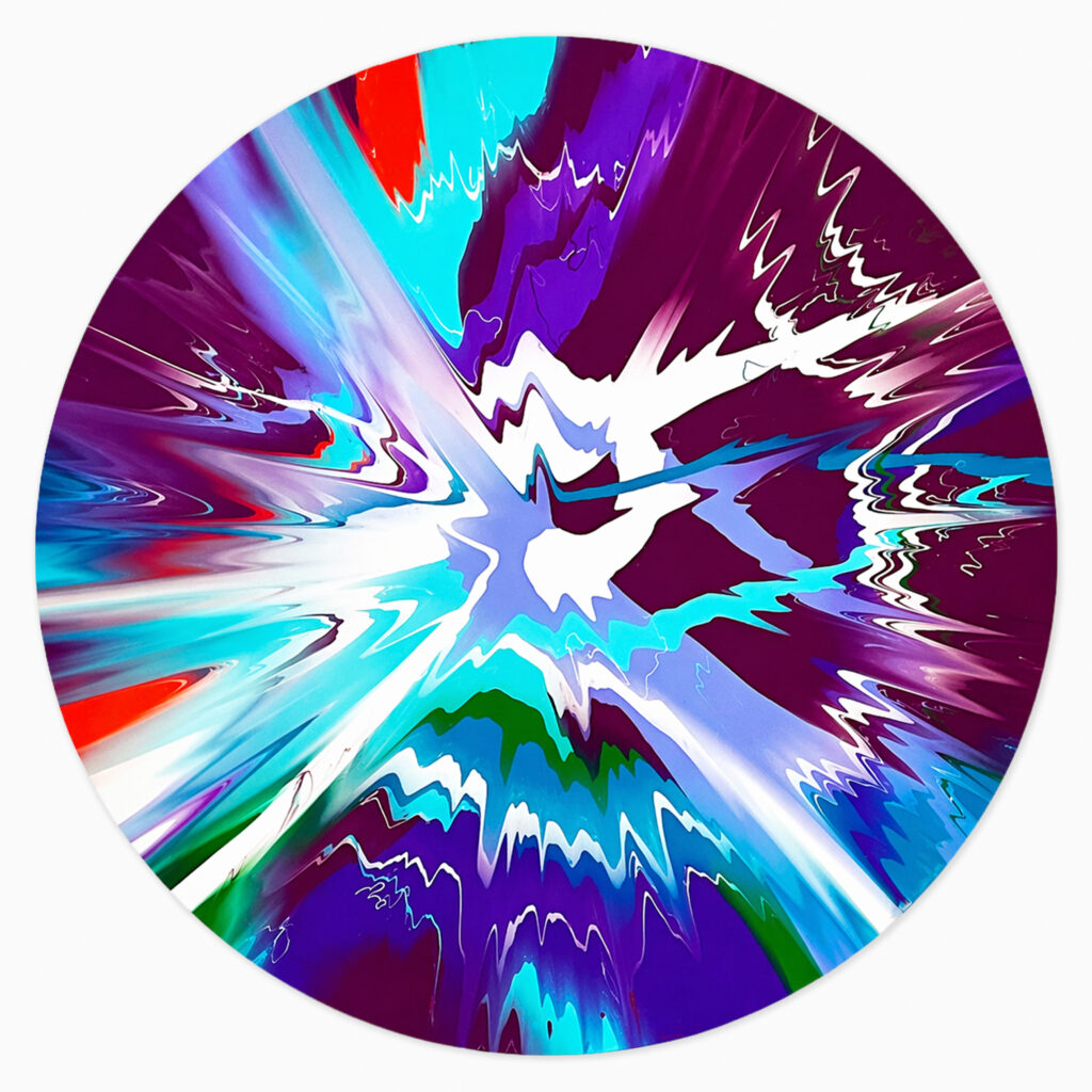 A vibrant spin painting with concentric bursts of brightly coloured paint radiating outward from the center