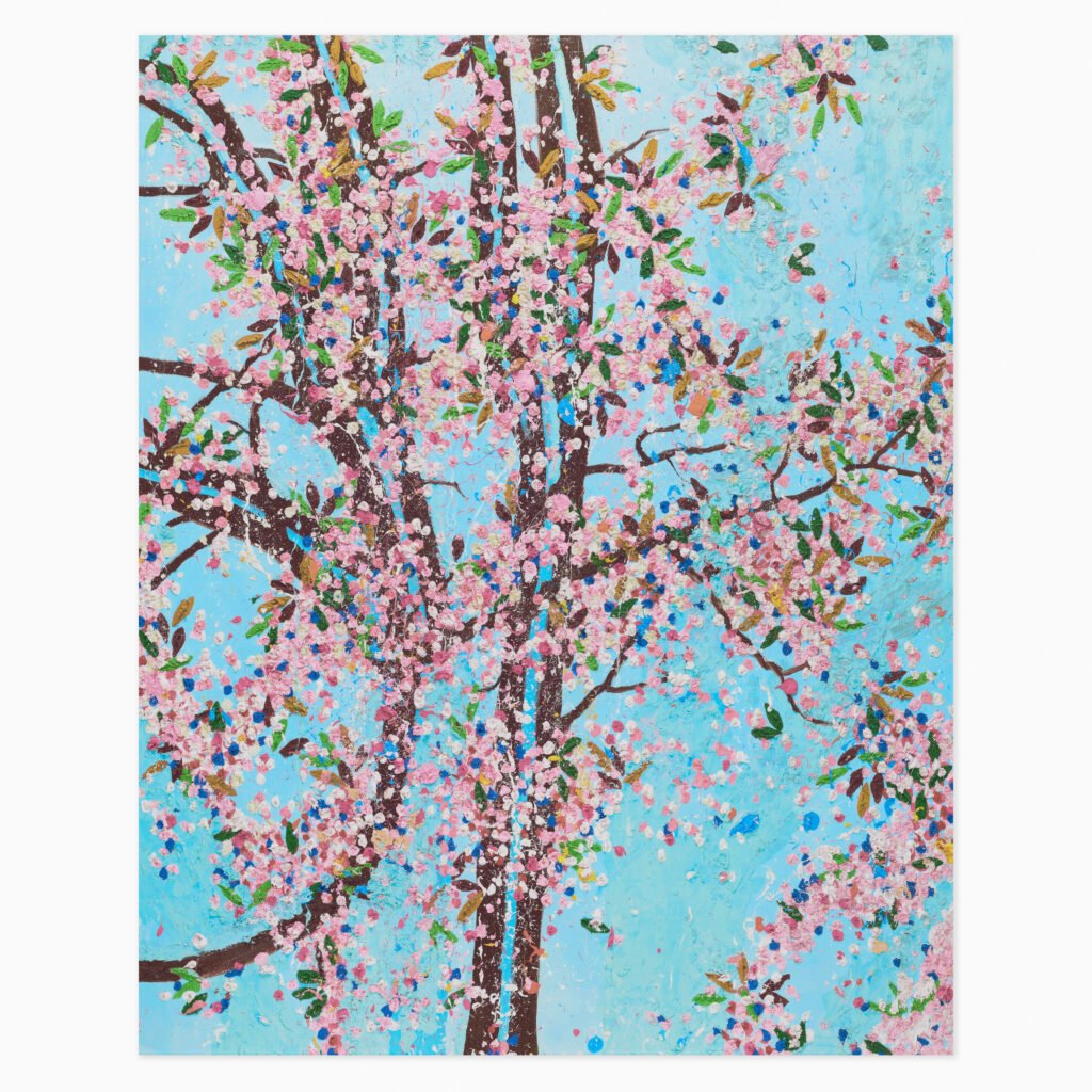 Delicate cherry blossom branches with pink and white flowers scattered across a blue background, in Damien Hirst's painterly floral style.