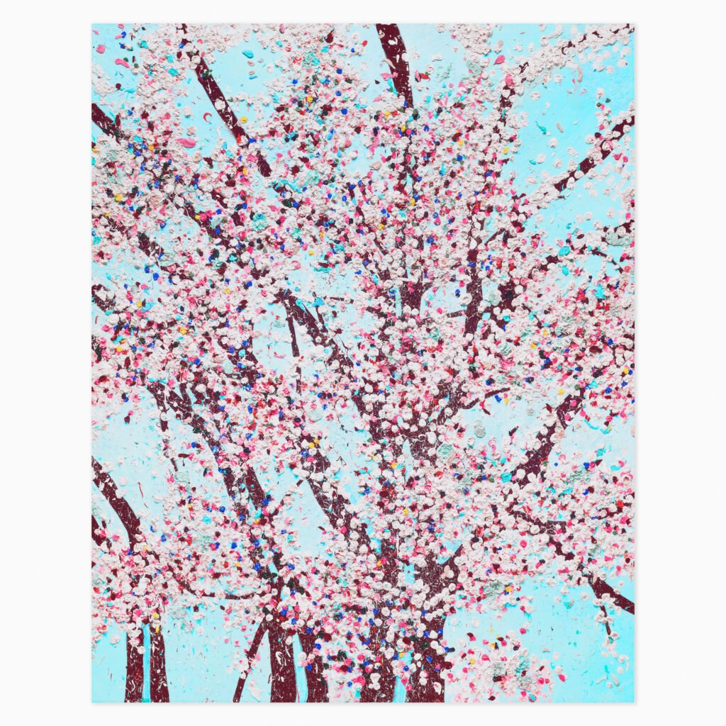Delicate cherry blossom branches with pink and white flowers, in Damien Hirst's painterly floral style