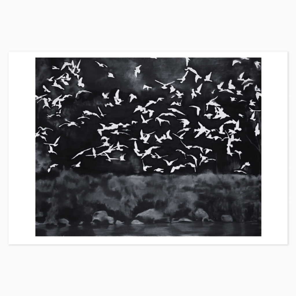 A blurred, grey-toned photorealistic painting of birds in flight, rendered in Richter's signature soft-focus style that dissolves the image into painterly ambiguity