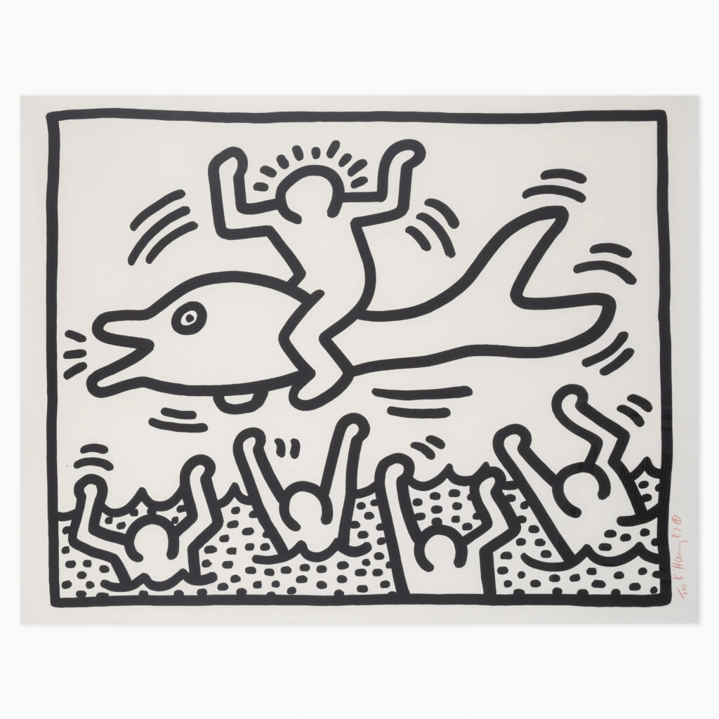 Untitled (Man on Dolphin) (1987) by Keith Haring, a bold, graphic drawing in Haring’s signature style showing a simplified human figure riding a dolphin, rendered in thick black lines with dynamic movement lines, conveying energy, playfulness, and a sense of motion.