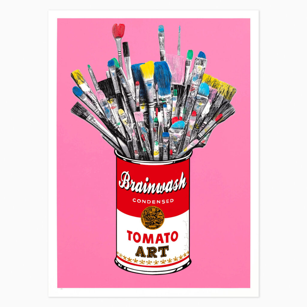 Pink pop art print of a tomato soup can in Andy Warhol-inspired screen-print style by Mr. Brainwash, 2023