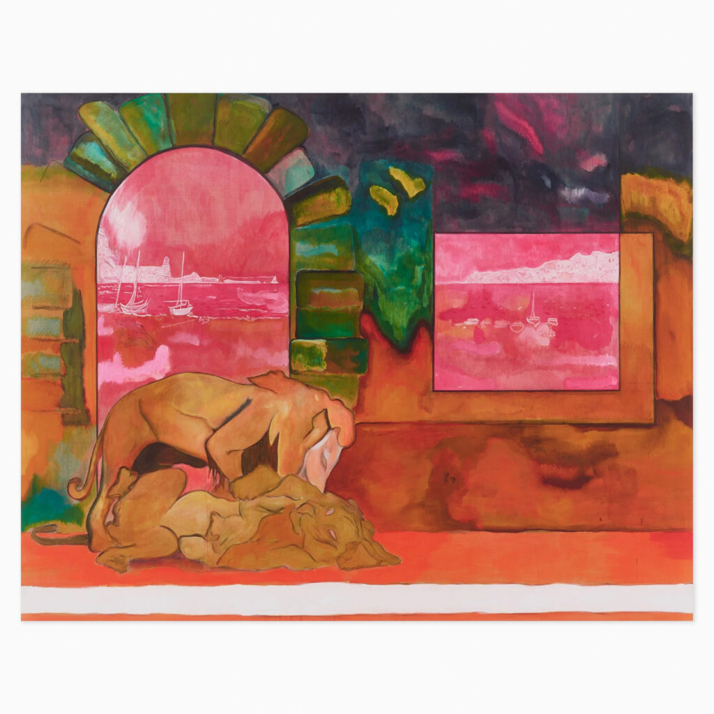 Lions (Ghost) (Small) (2026) by Peter Doig, a painting featuring a softly rendered, atmospheric scene with faint, ghost-like forms of lions emerging from a misty or abstracted landscape