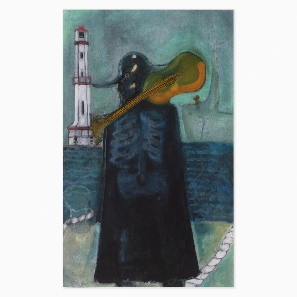 A dark, cloaked figure seen from behind carries a guitar over their shoulder, standing before a teal seascape with a white and red lighthouse. A twisted rope runs along the foreground. Painted in moody, atmospheric tones with Peter Doig's characteristic layered, dreamlike style