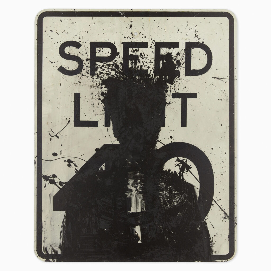 A gestural, splattered black figure painted over a yellow speed limit road sign, in Richard Hambleton's raw street art style