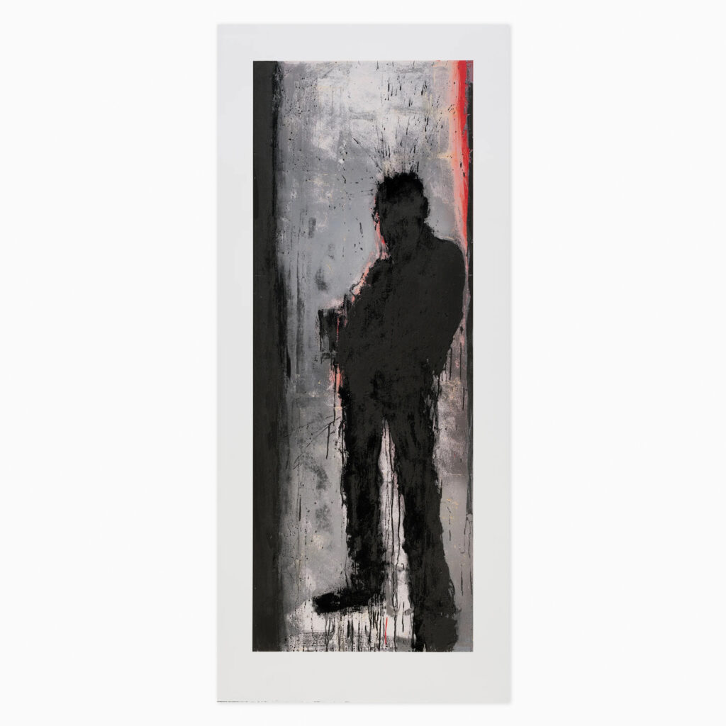 A standing human figure rendered in deep red, with splashed edges and gestural brushwork creating a shadowy, haunting presence against a contrasting background.