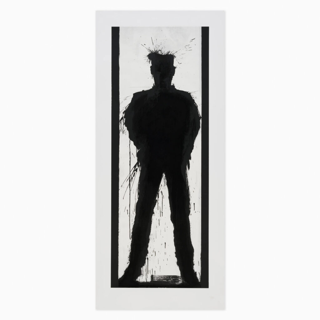 A standing human figure rendered in deep red, with splashed edges and gestural brushwork creating a shadowy, haunting presence against a white background.